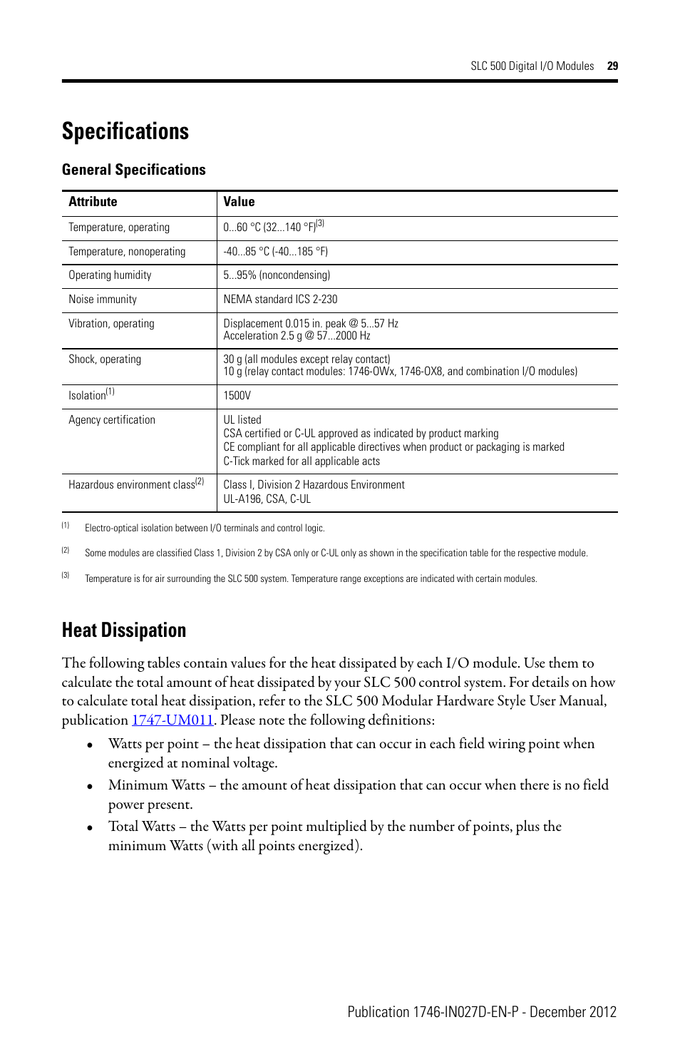 Specifications, Heat dissipation | Rockwell Automation 1746-XXXX SLC 500 Digital I/O Modules Installation Instructions User Manual | Page 29 / 48