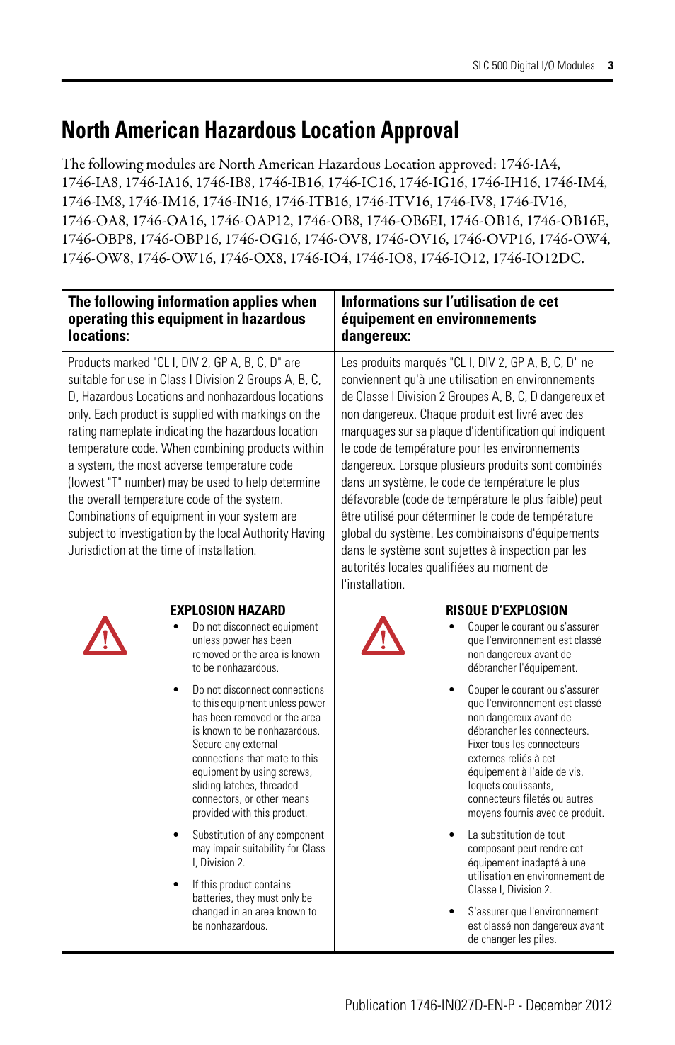 North american hazardous location approval | Rockwell Automation 1746-XXXX SLC 500 Digital I/O Modules Installation Instructions User Manual | Page 3 / 48