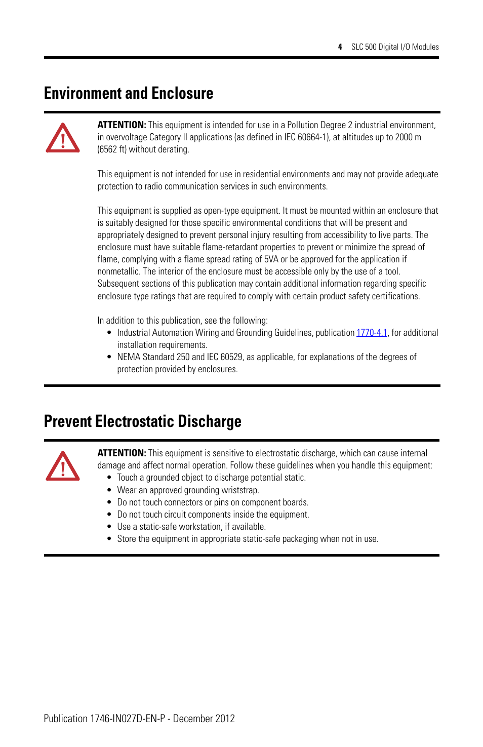 Environment and enclosure, Prevent electrostatic discharge | Rockwell Automation 1746-XXXX SLC 500 Digital I/O Modules Installation Instructions User Manual | Page 4 / 48
