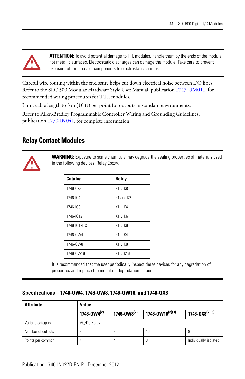 Relay contact modules | Rockwell Automation 1746-XXXX SLC 500 Digital I/O Modules Installation Instructions User Manual | Page 42 / 48