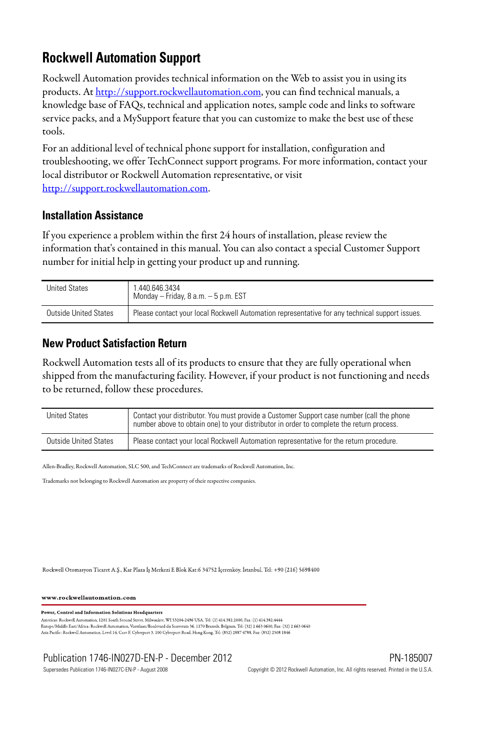Back cover, Rockwell automation support, Installation assistance | New product satisfaction return | Rockwell Automation 1746-XXXX SLC 500 Digital I/O Modules Installation Instructions User Manual | Page 48 / 48