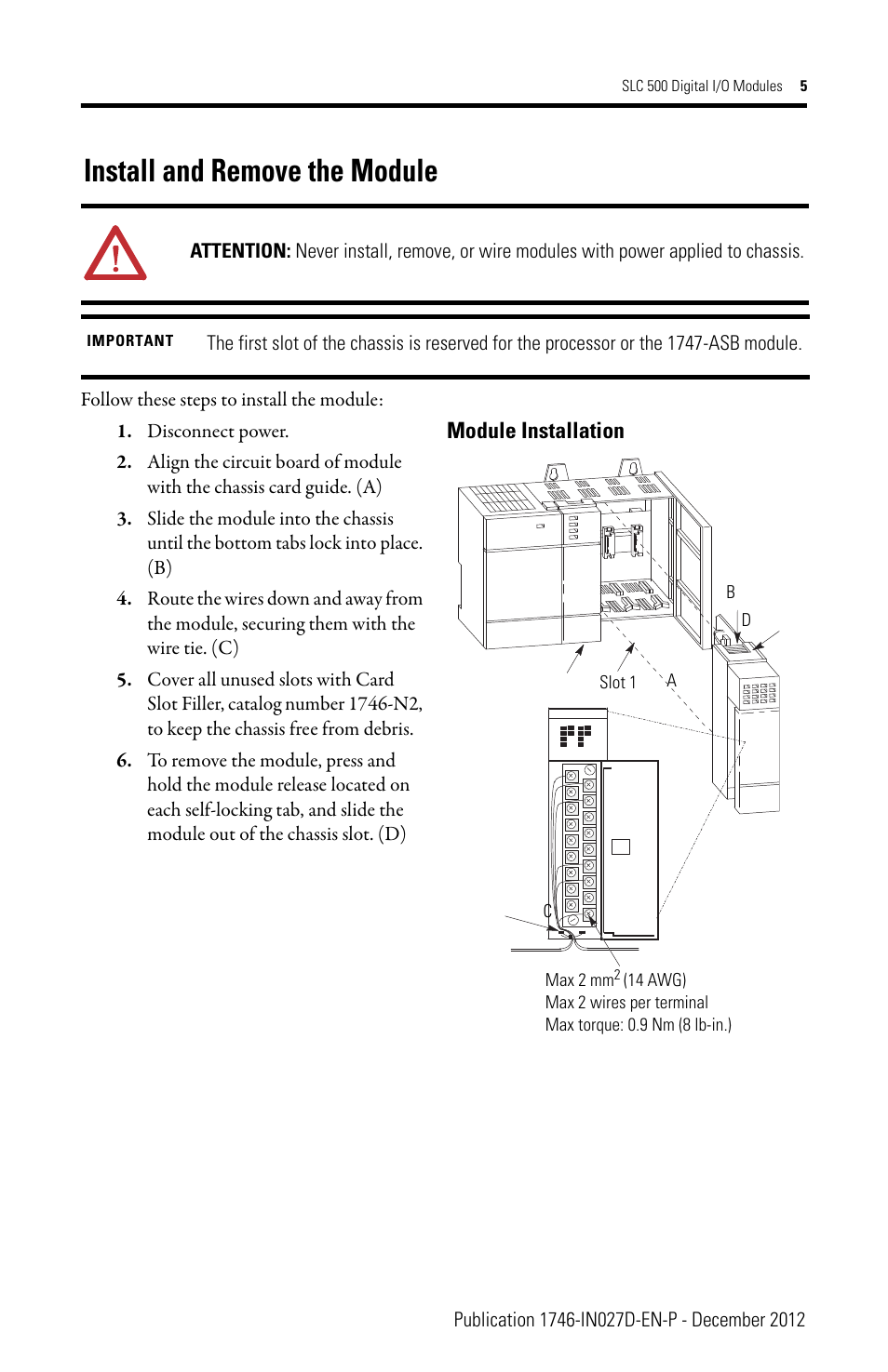 Install and remove the module | Rockwell Automation 1746-XXXX SLC 500 Digital I/O Modules Installation Instructions User Manual | Page 5 / 48