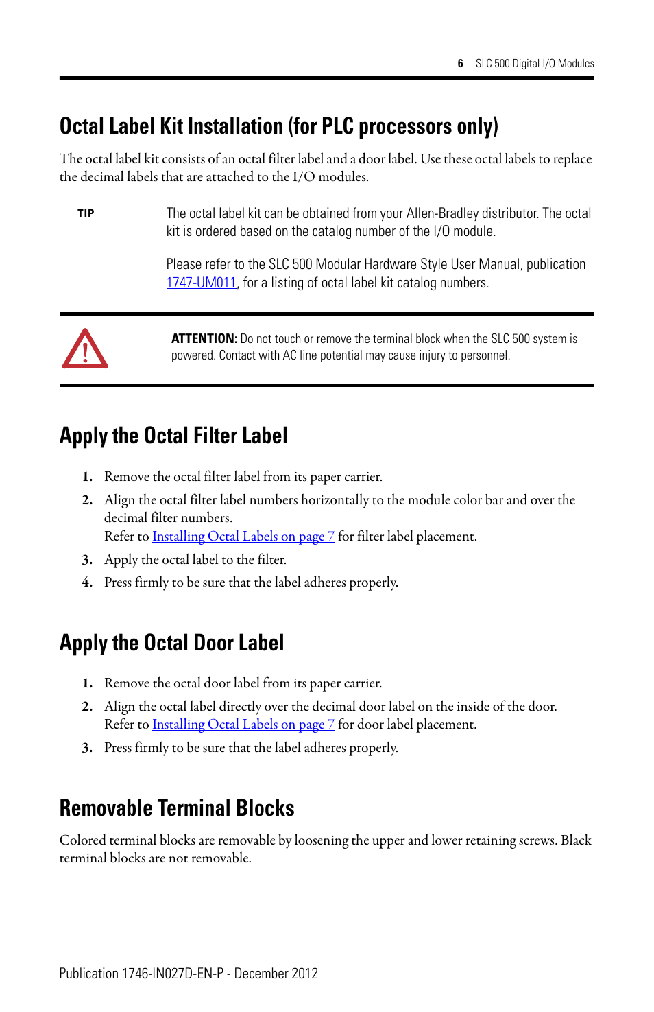 Apply the octal filter label, Apply the octal door label, Removable terminal blocks | Rockwell Automation 1746-XXXX SLC 500 Digital I/O Modules Installation Instructions User Manual | Page 6 / 48