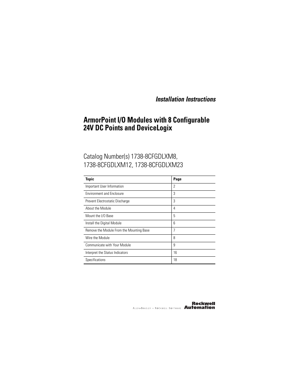 Rockwell Automation 1738-8CFGDLXM23 ArmorPoint Module with Configurable 24V DC Points and DeviceLogix User Manual | 24 pages
