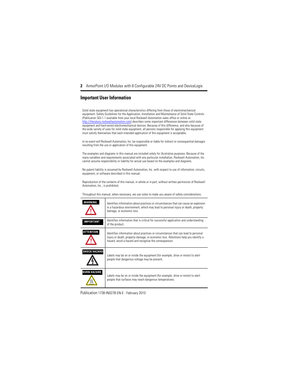 Important user information | Rockwell Automation 1738-8CFGDLXM23 ArmorPoint Module with Configurable 24V DC Points and DeviceLogix User Manual | Page 2 / 24