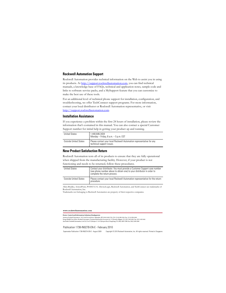 Back cover, Rockwell automation support, Installation assistance | New product satisfaction return | Rockwell Automation 1738-8CFGDLXM23 ArmorPoint Module with Configurable 24V DC Points and DeviceLogix User Manual | Page 24 / 24