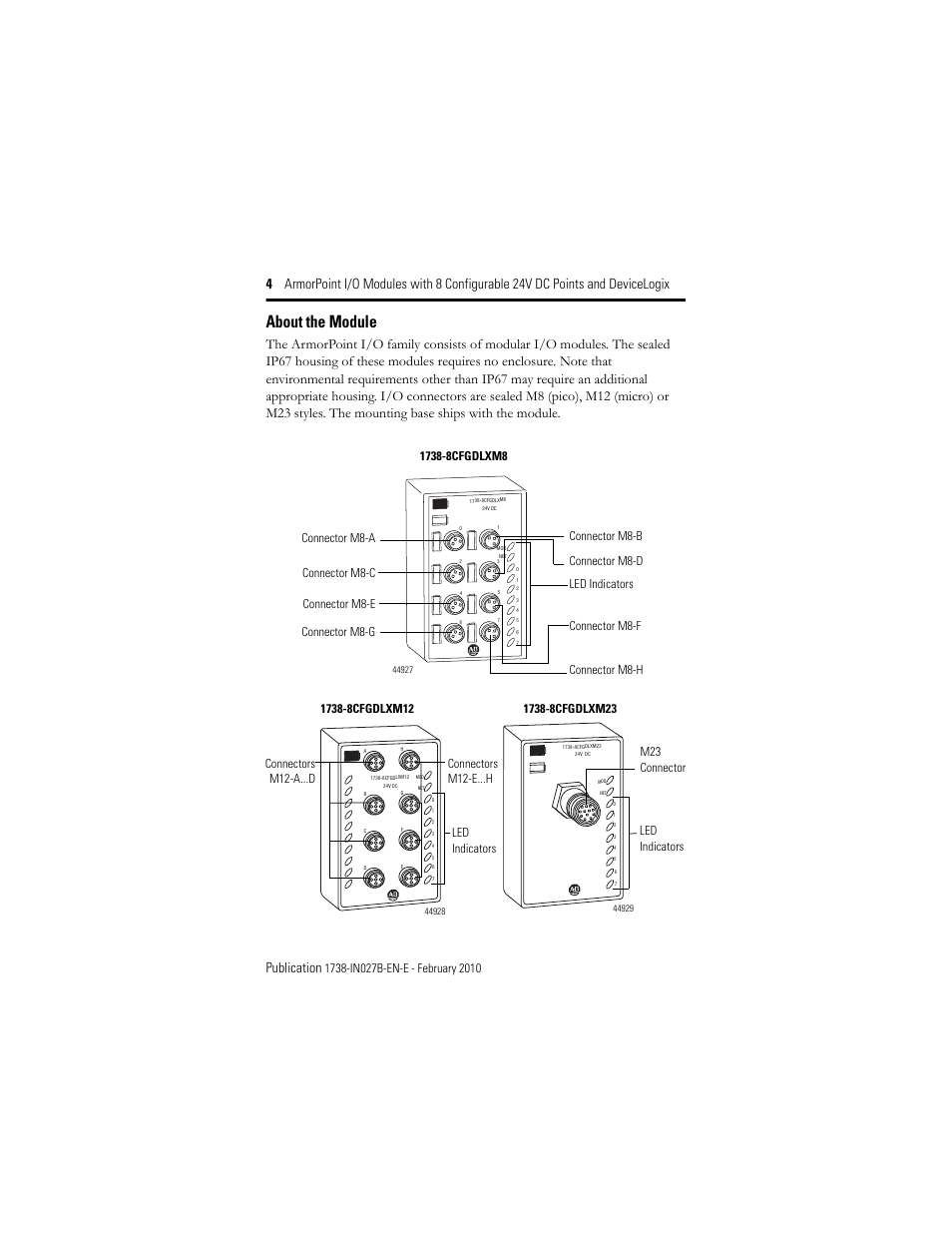 About the module, Connector m8-a led indicators | Rockwell Automation 1738-8CFGDLXM23 ArmorPoint Module with Configurable 24V DC Points and DeviceLogix User Manual | Page 4 / 24