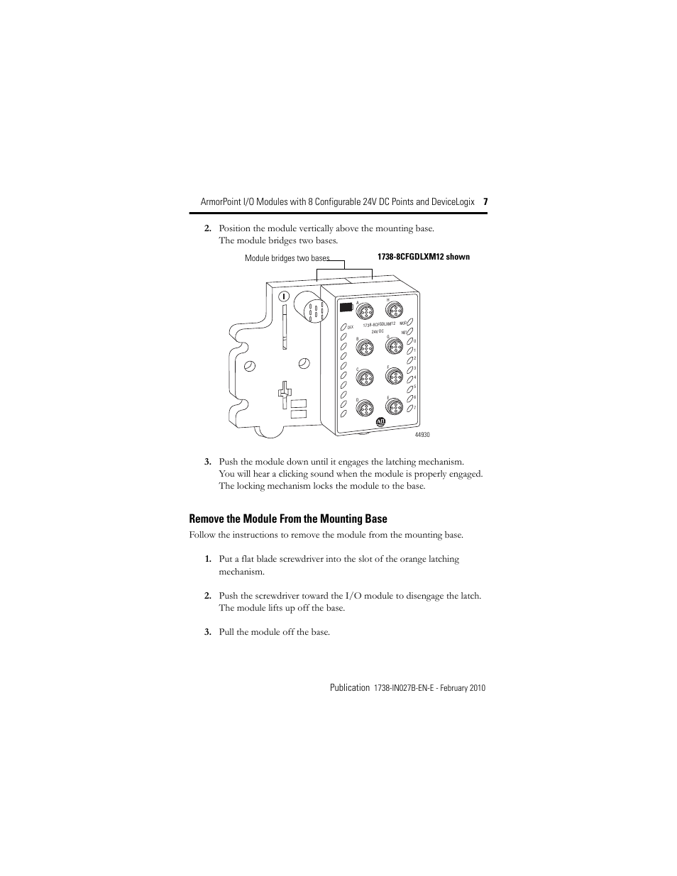 Remove the module from the mounting base | Rockwell Automation 1738-8CFGDLXM23 ArmorPoint Module with Configurable 24V DC Points and DeviceLogix User Manual | Page 7 / 24