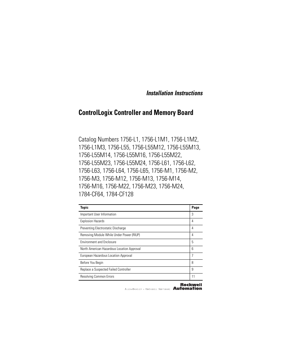 Rockwell Automation 1756-Lx_Mx ControlLogix Controller and Memory Board Installation Instructions User Manual | 52 pages