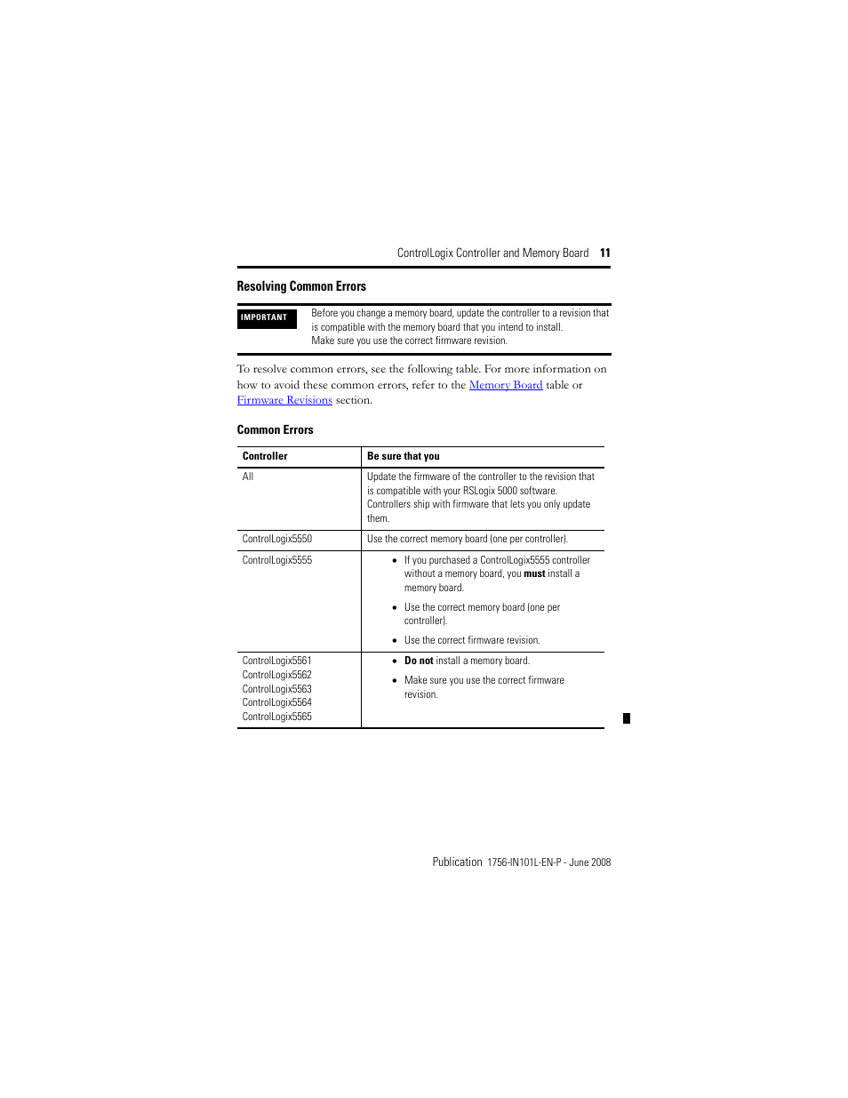 Resolving common errors | Rockwell Automation 1756-Lx_Mx ControlLogix Controller and Memory Board Installation Instructions User Manual | Page 11 / 52