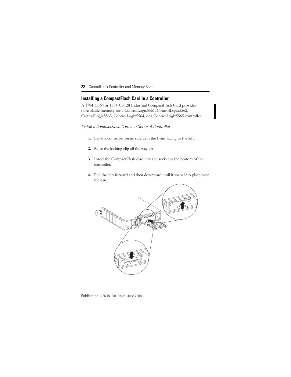 Installing a compactflash card in a controller | Rockwell Automation 1756-Lx_Mx ControlLogix Controller and Memory Board Installation Instructions User Manual | Page 22 / 52