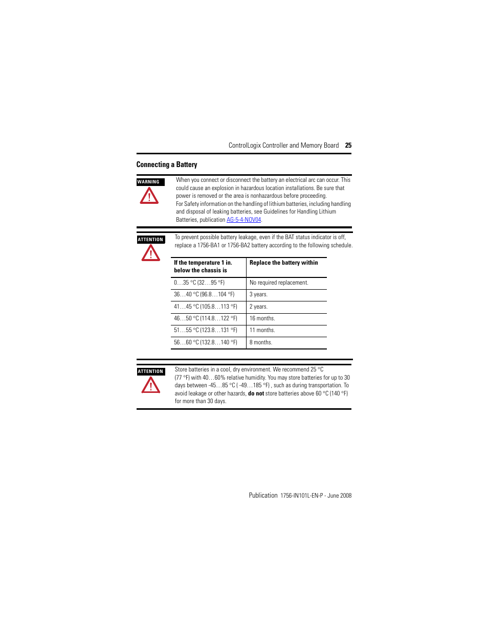 Connecting a battery | Rockwell Automation 1756-Lx_Mx ControlLogix Controller and Memory Board Installation Instructions User Manual | Page 25 / 52