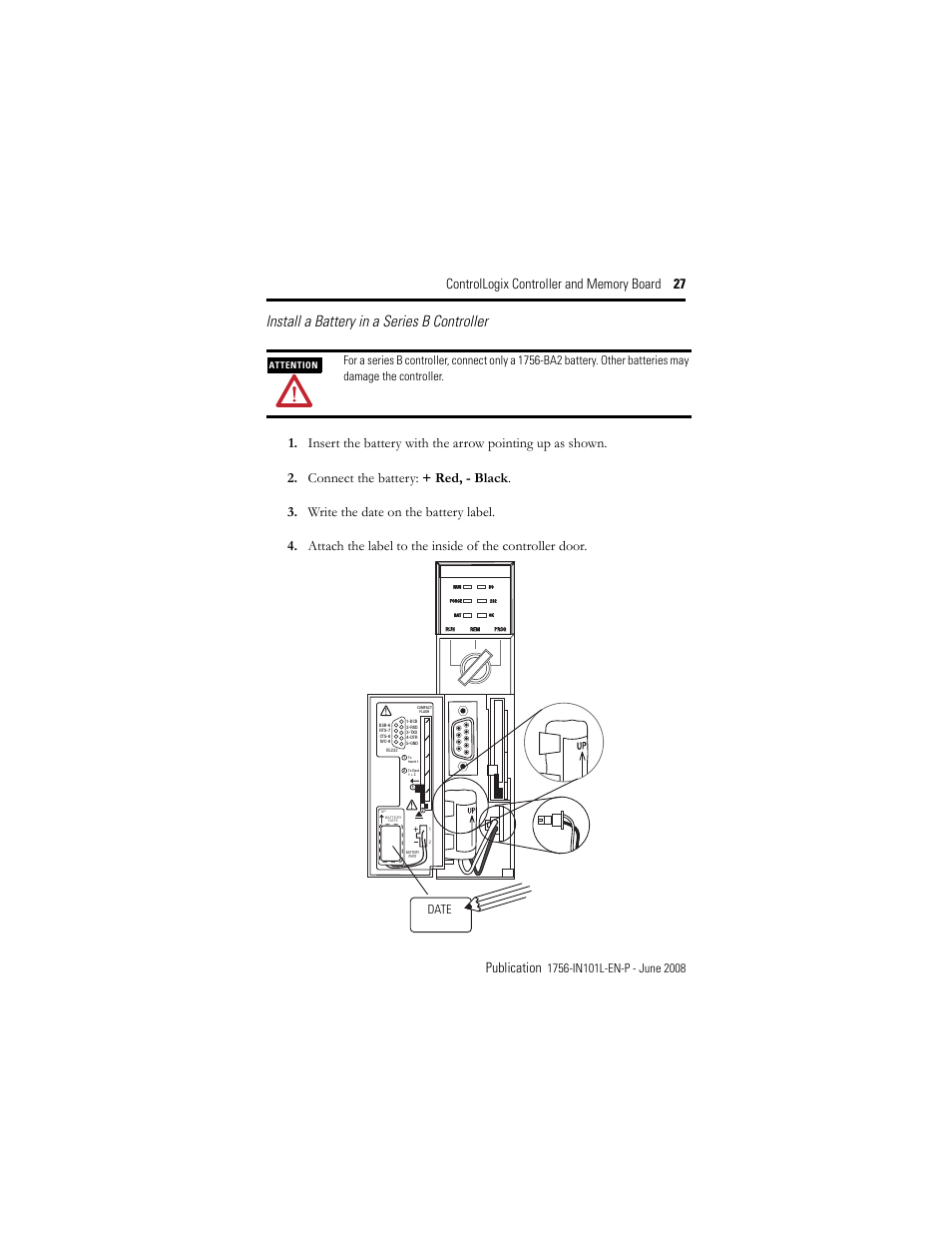 Install a battery in a series b controller, Date | Rockwell Automation 1756-Lx_Mx ControlLogix Controller and Memory Board Installation Instructions User Manual | Page 27 / 52