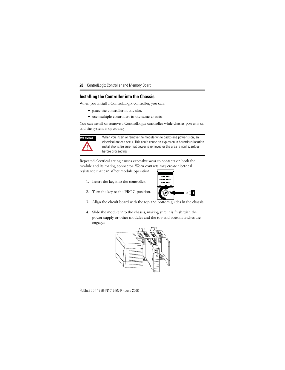 Installing the controller into the chassis | Rockwell Automation 1756-Lx_Mx ControlLogix Controller and Memory Board Installation Instructions User Manual | Page 28 / 52