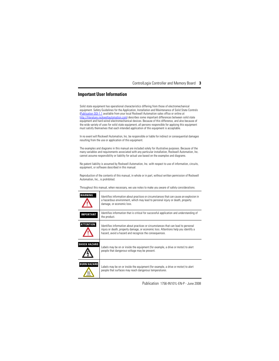 Important user information | Rockwell Automation 1756-Lx_Mx ControlLogix Controller and Memory Board Installation Instructions User Manual | Page 3 / 52