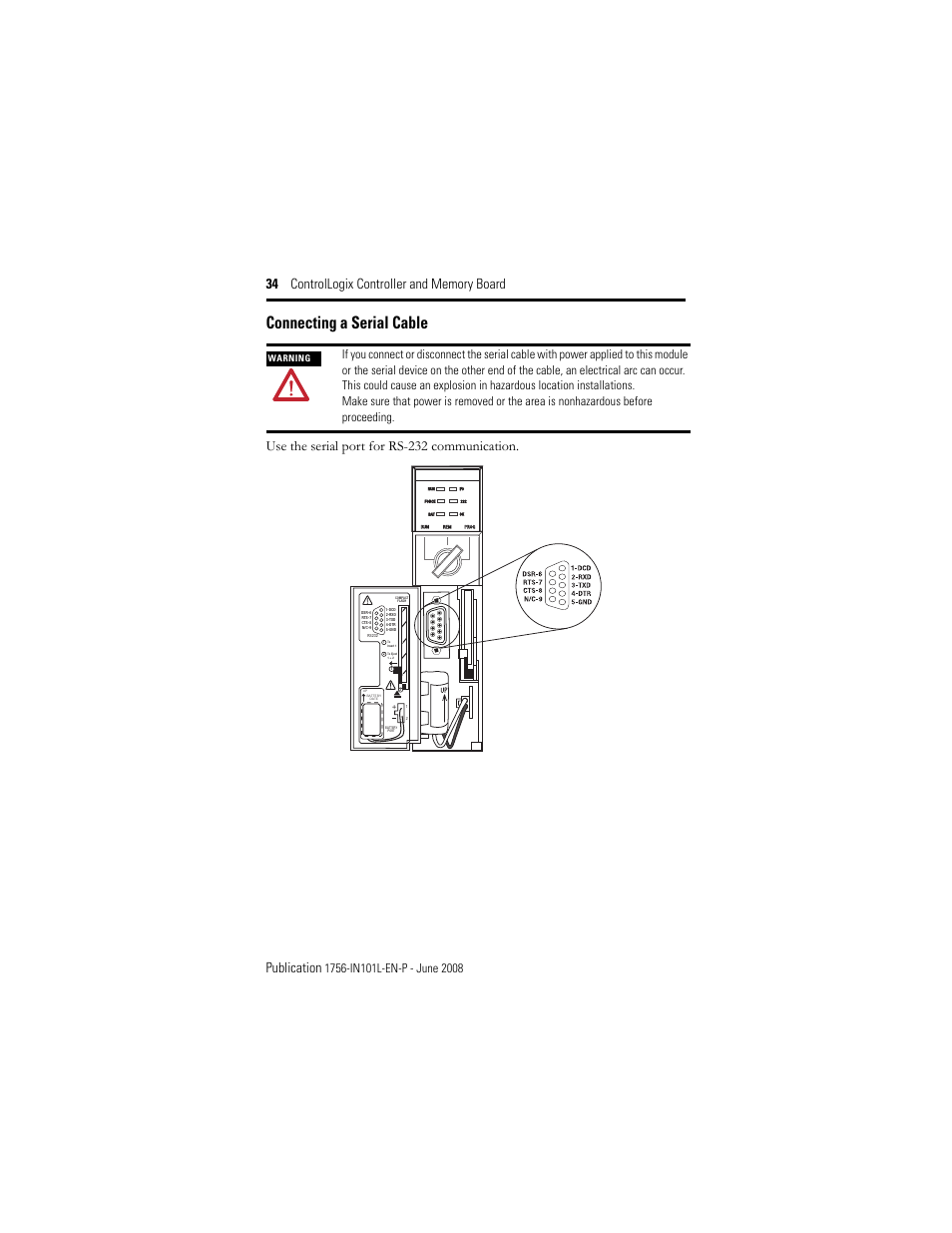 Connecting a serial cable, Use the serial port for rs-232 communication | Rockwell Automation 1756-Lx_Mx ControlLogix Controller and Memory Board Installation Instructions User Manual | Page 34 / 52
