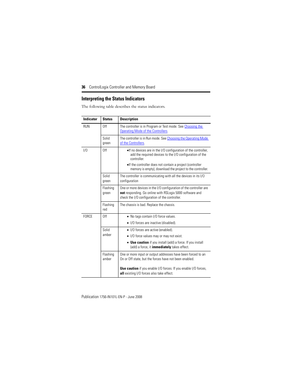 Interpreting the status indicators | Rockwell Automation 1756-Lx_Mx ControlLogix Controller and Memory Board Installation Instructions User Manual | Page 36 / 52