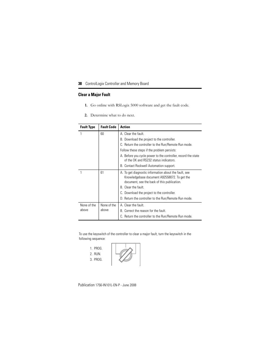 Clear a major fault | Rockwell Automation 1756-Lx_Mx ControlLogix Controller and Memory Board Installation Instructions User Manual | Page 38 / 52