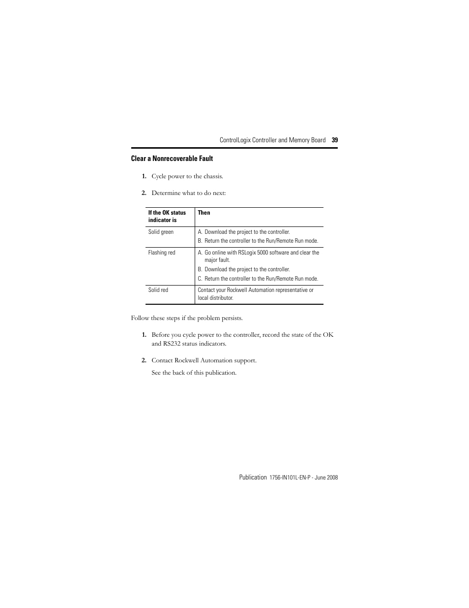 Clear a nonrecoverable fault | Rockwell Automation 1756-Lx_Mx ControlLogix Controller and Memory Board Installation Instructions User Manual | Page 39 / 52
