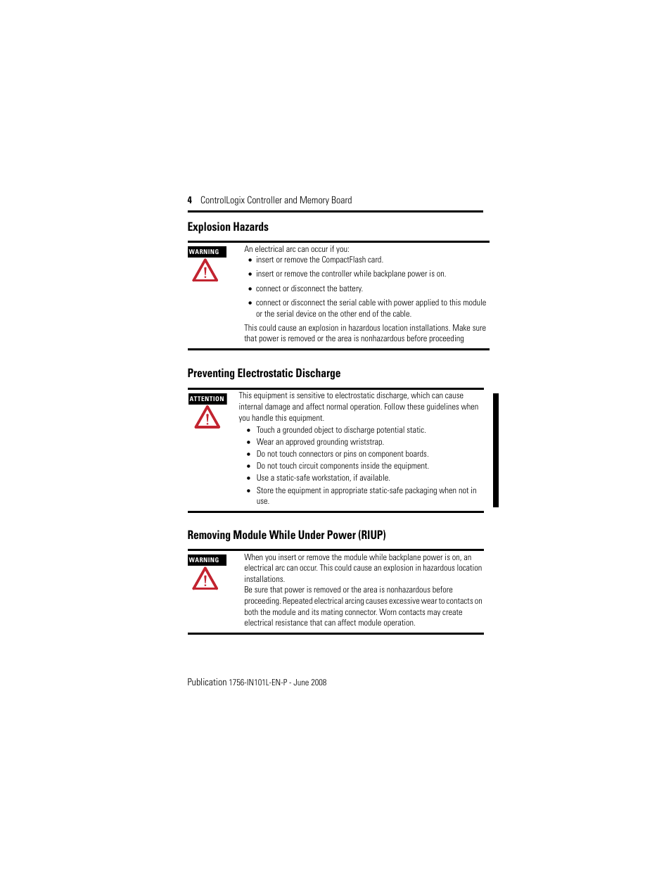 Explosion hazards, Preventing electrostatic discharge, Removing module while under power (riup) | Rockwell Automation 1756-Lx_Mx ControlLogix Controller and Memory Board Installation Instructions User Manual | Page 4 / 52