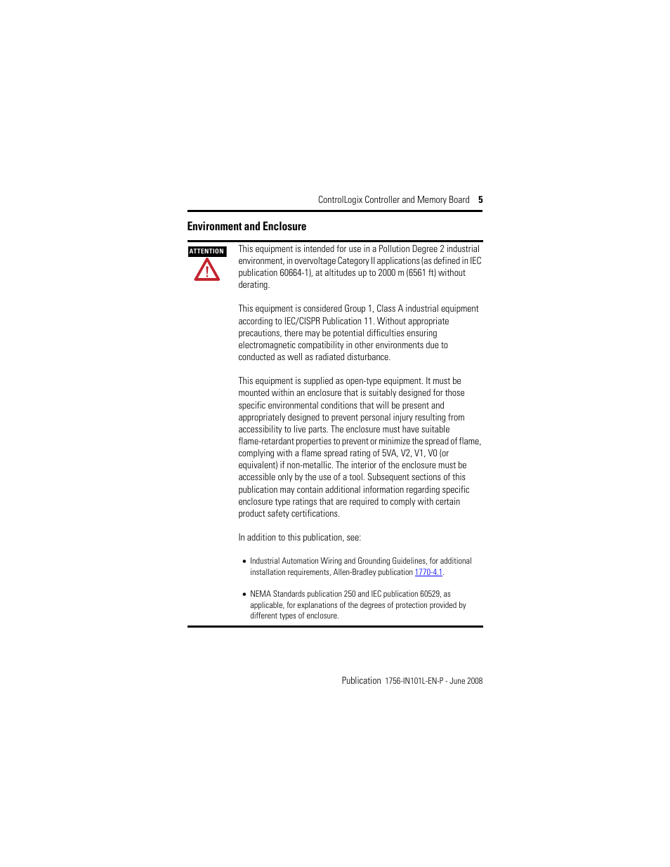 Environment and enclosure | Rockwell Automation 1756-Lx_Mx ControlLogix Controller and Memory Board Installation Instructions User Manual | Page 5 / 52