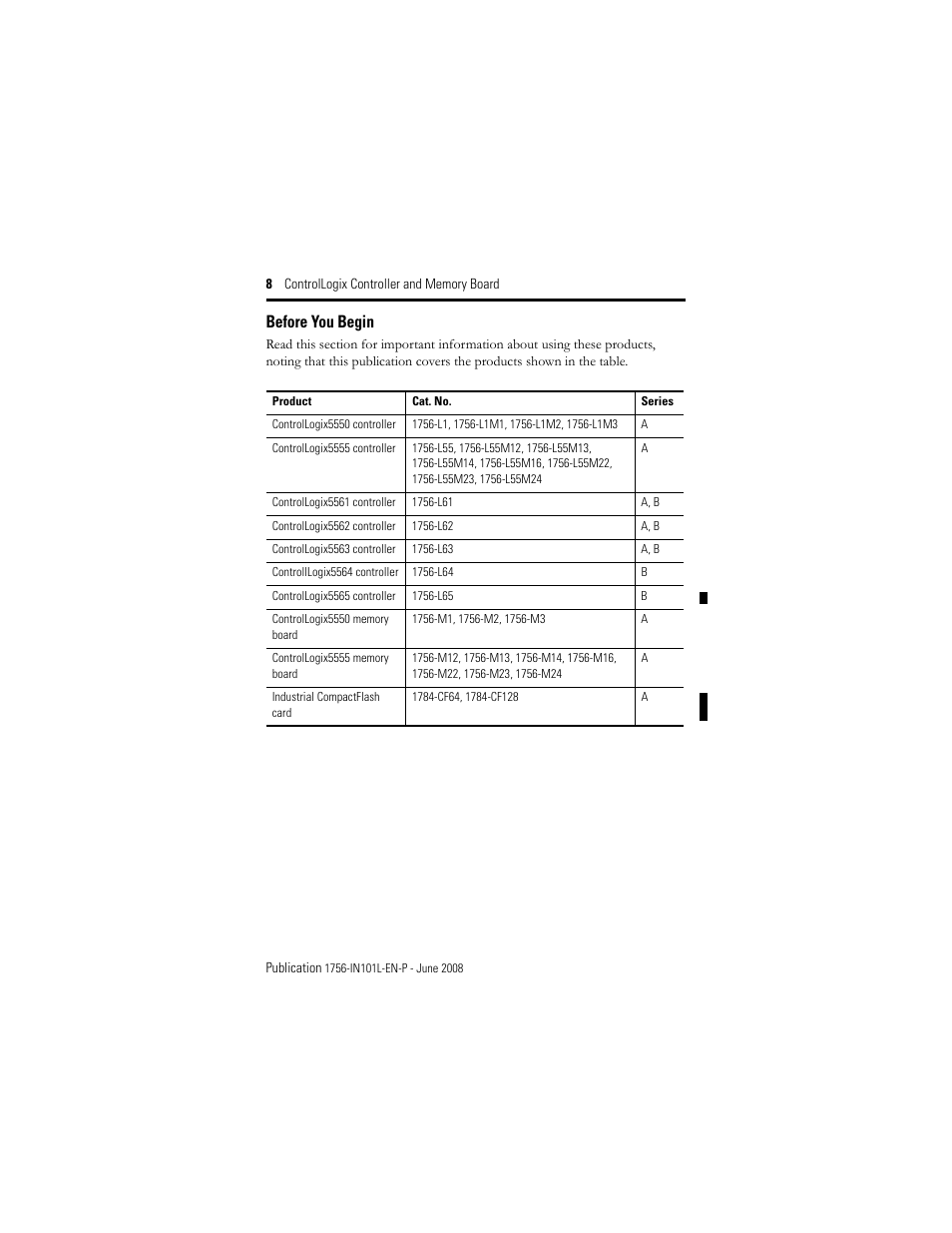 Before you begin | Rockwell Automation 1756-Lx_Mx ControlLogix Controller and Memory Board Installation Instructions User Manual | Page 8 / 52