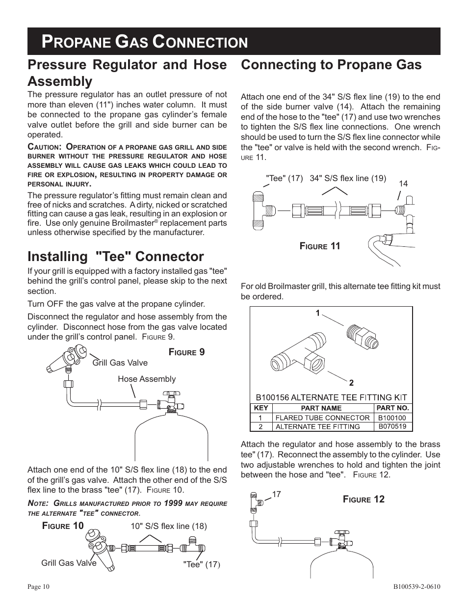 Installing "tee" connector, Pressure regulator and hose assembly, Connecting to propane gas | Ropane, Onnection | Broilmaster DPSBSS-1 User Manual | Page 10 / 16