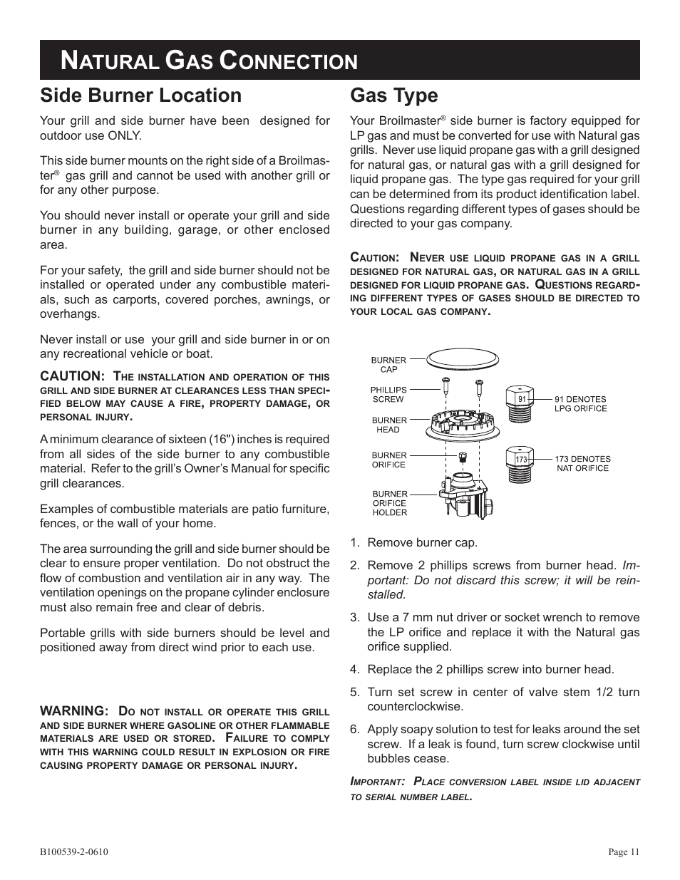 Gas type, Side burner location, Atural | Onnection | Broilmaster DPSBSS-1 User Manual | Page 11 / 16