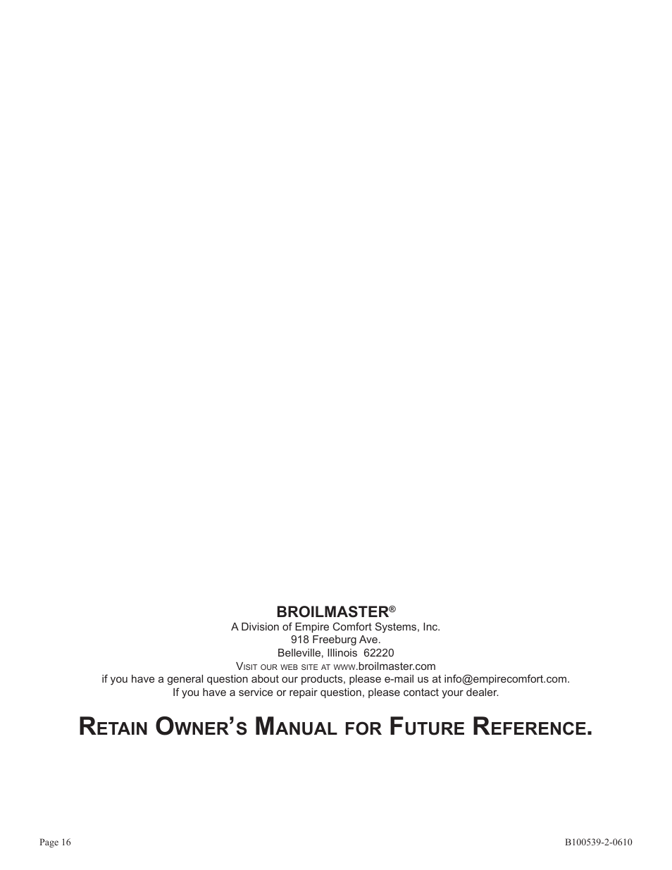 Etain, Wner, Anual | Uture, Eference | Broilmaster DPSBSS-1 User Manual | Page 16 / 16