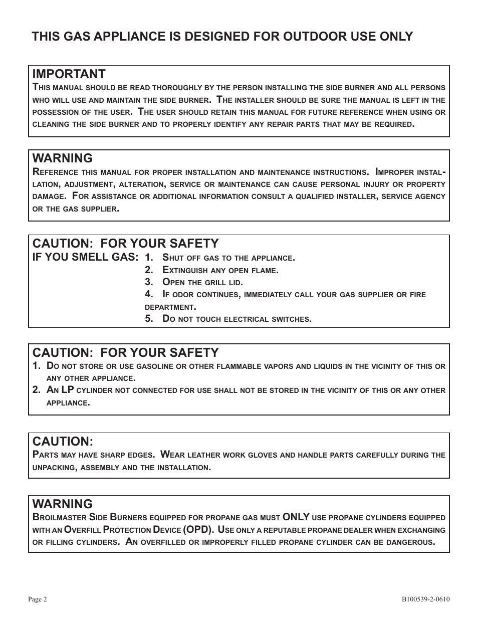 Caution: for your safety, Caution, Warning | Important, If you smell gas | Broilmaster DPSBSS-1 User Manual | Page 2 / 16