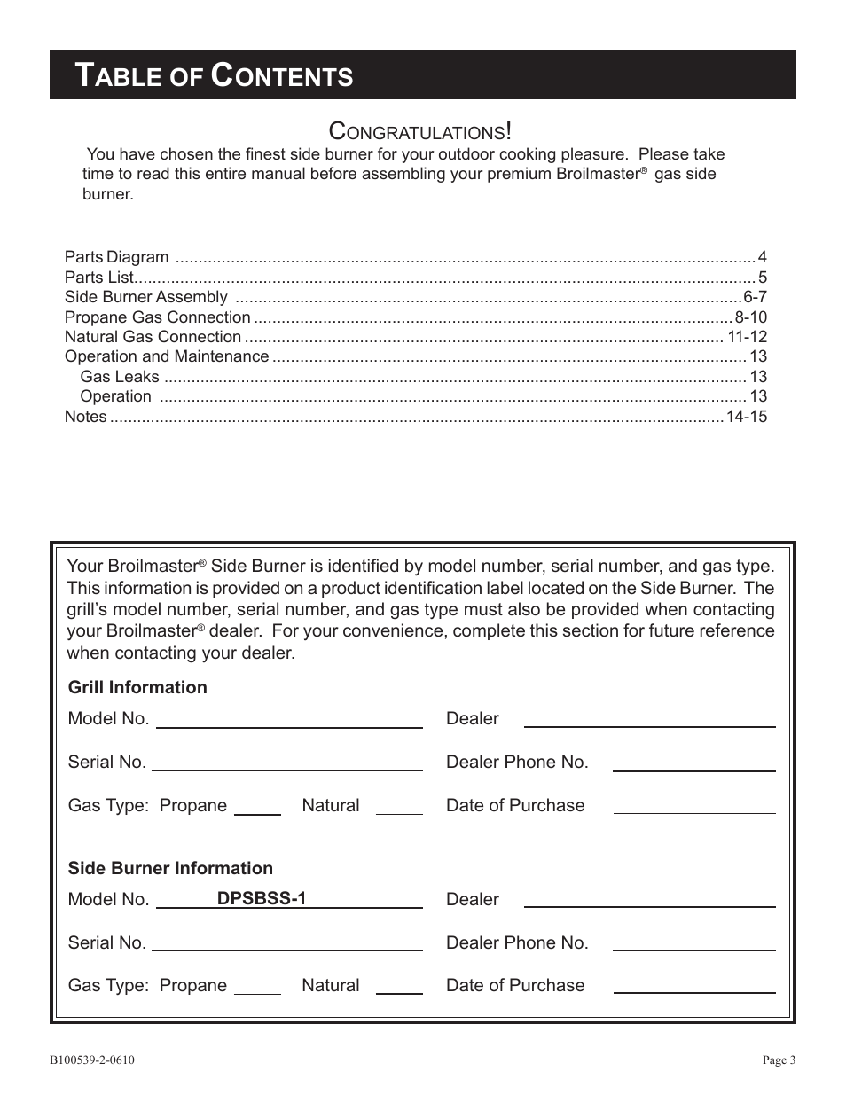 Able of, Ontents | Broilmaster DPSBSS-1 User Manual | Page 3 / 16