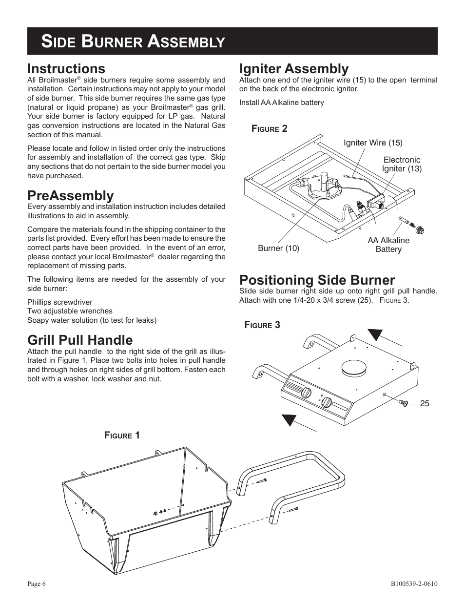 Igniter assembly, Instructions, Preassembly | Grill pull handle, Positioning side burner, Urner, Ssembly | Broilmaster DPSBSS-1 User Manual | Page 6 / 16