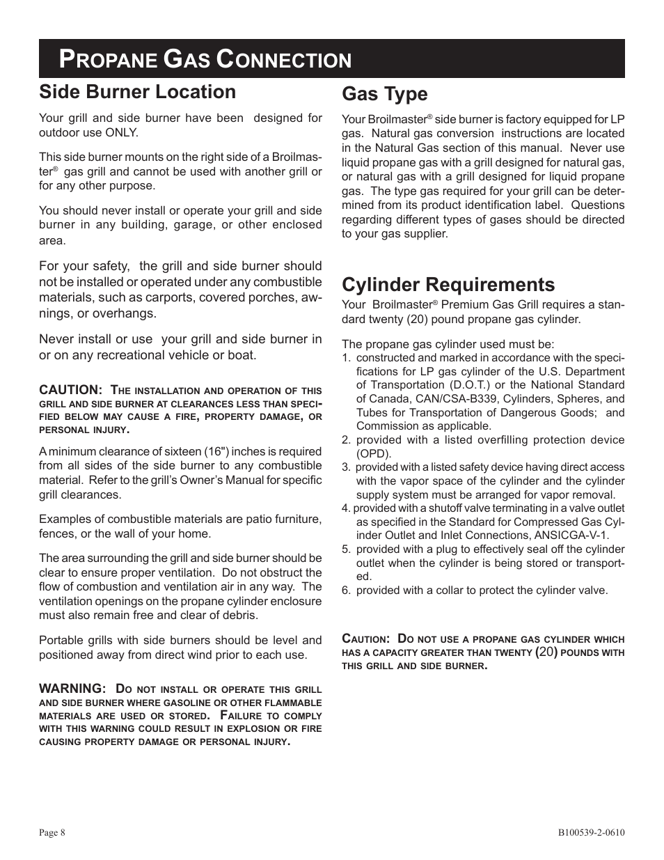 Gas type, Side burner location, Cylinder requirements | Ropane, Onnection | Broilmaster DPSBSS-1 User Manual | Page 8 / 16