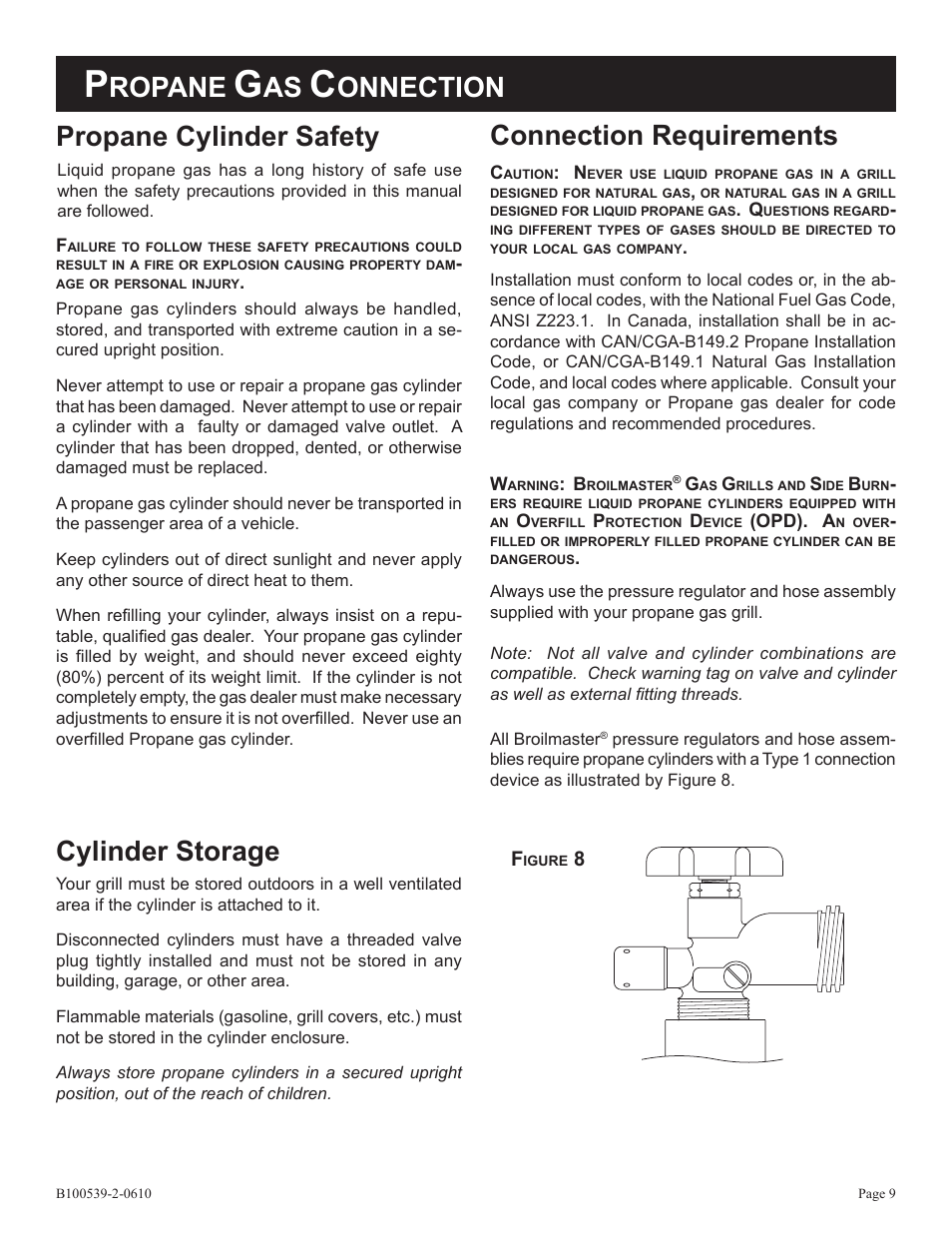 Propane cylinder safety, Cylinder storage, Connection requirements | Ropane, Onnection | Broilmaster DPSBSS-1 User Manual | Page 9 / 16