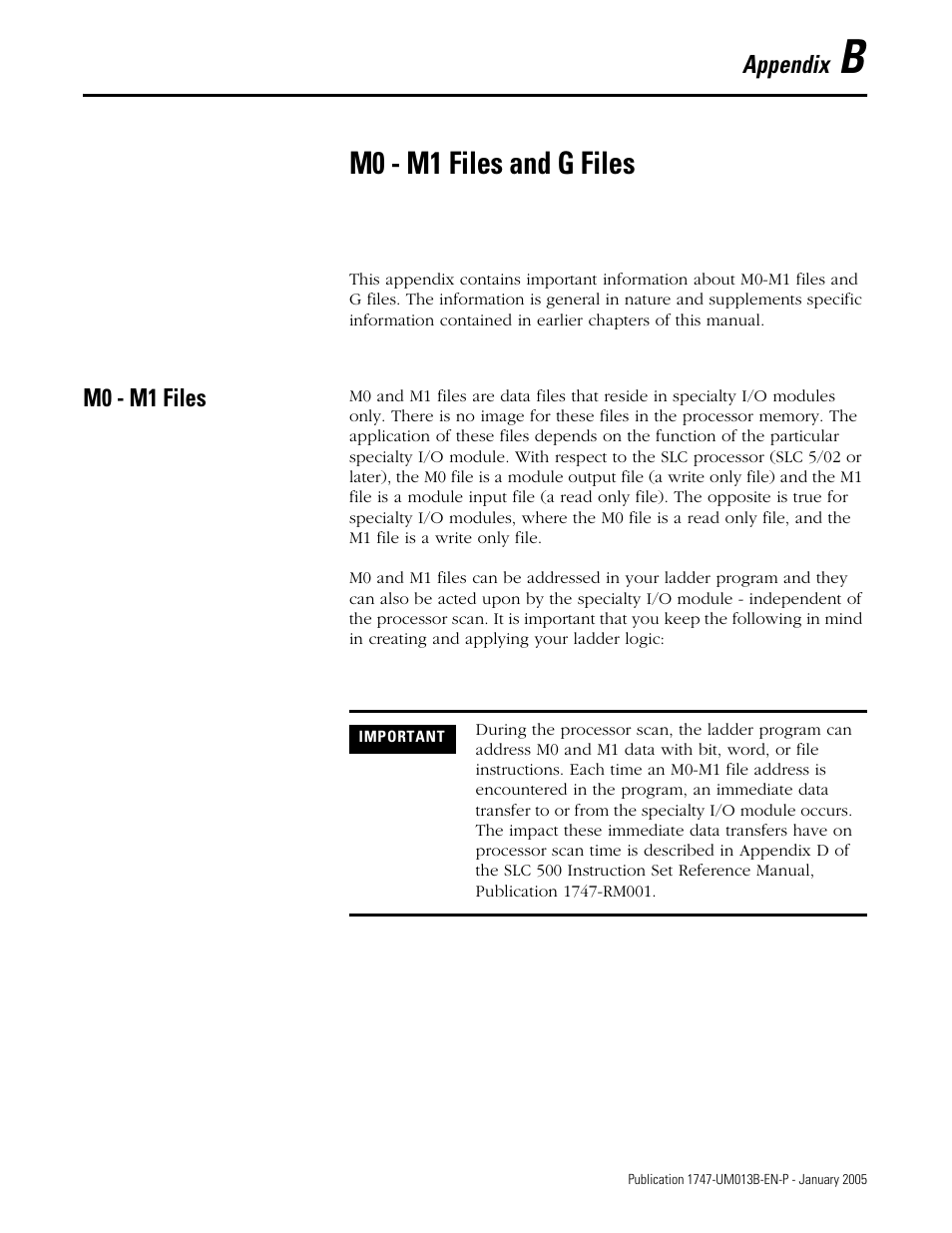 M0 - m1 files and g files, M0 - m1 files, Appendix b | Rockwell Automation 1747-SN Remote I/O Scanner User Manual | Page 113 / 171