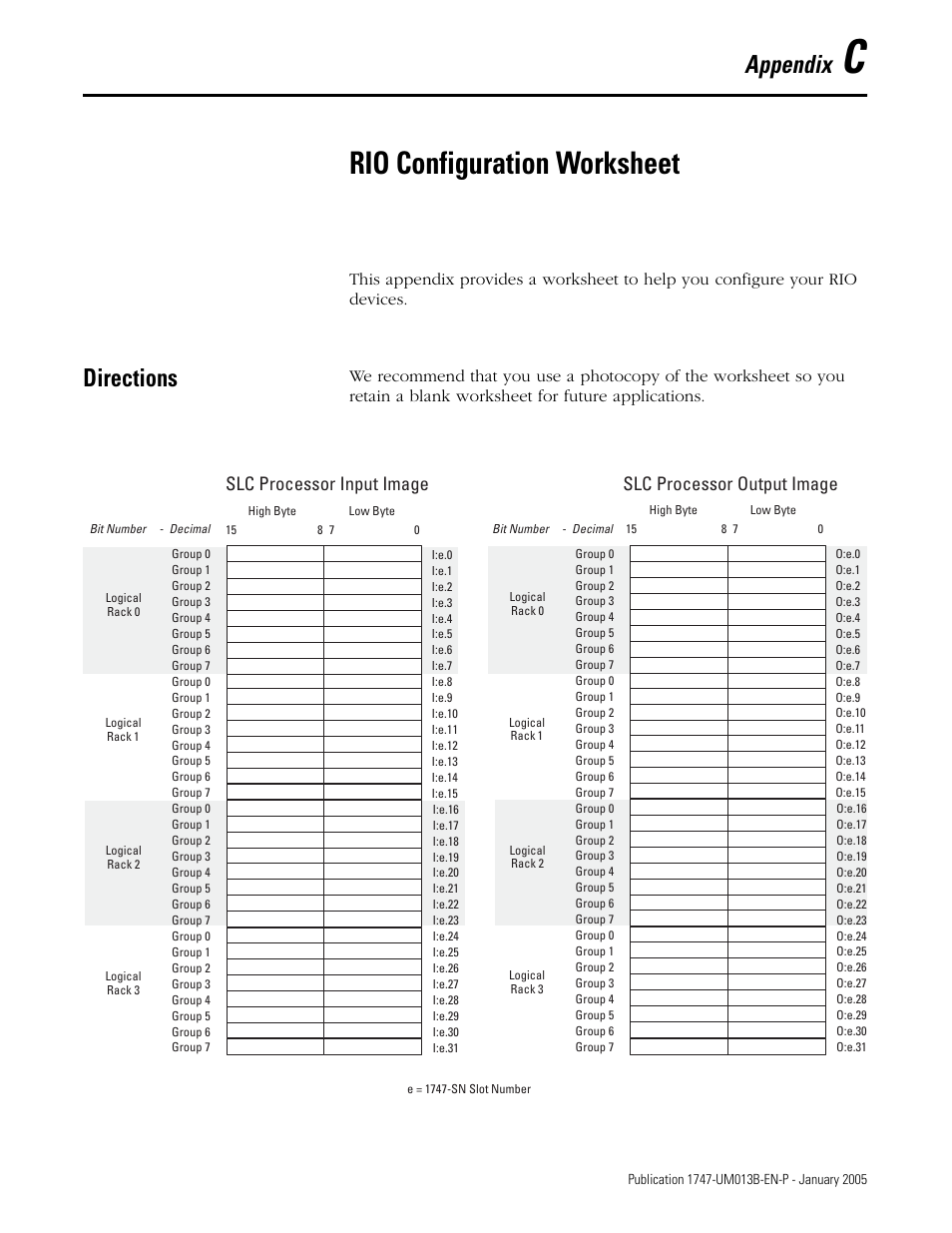 Rio configuration worksheet, Directions, Appendix c | Appendix, Slc processor input image, Slc processor output image | Rockwell Automation 1747-SN Remote I/O Scanner User Manual | Page 127 / 171