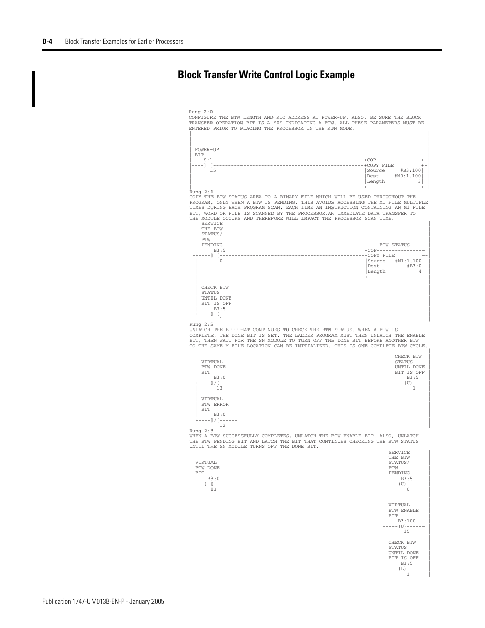 Block transfer write control logic example | Rockwell Automation 1747-SN Remote I/O Scanner User Manual | Page 132 / 171