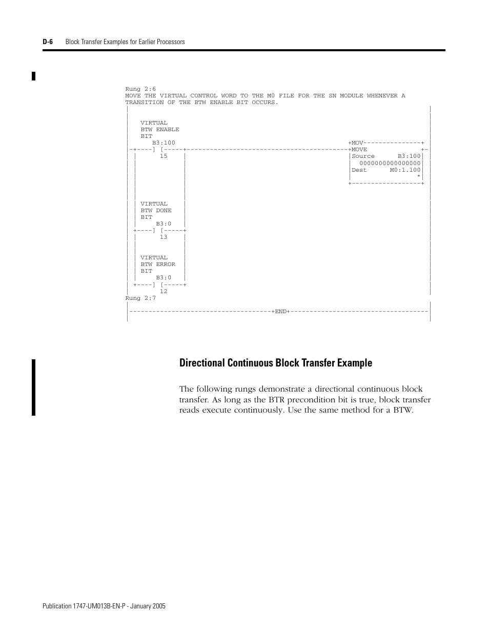 Directional continuous block transfer example | Rockwell Automation 1747-SN Remote I/O Scanner User Manual | Page 134 / 171