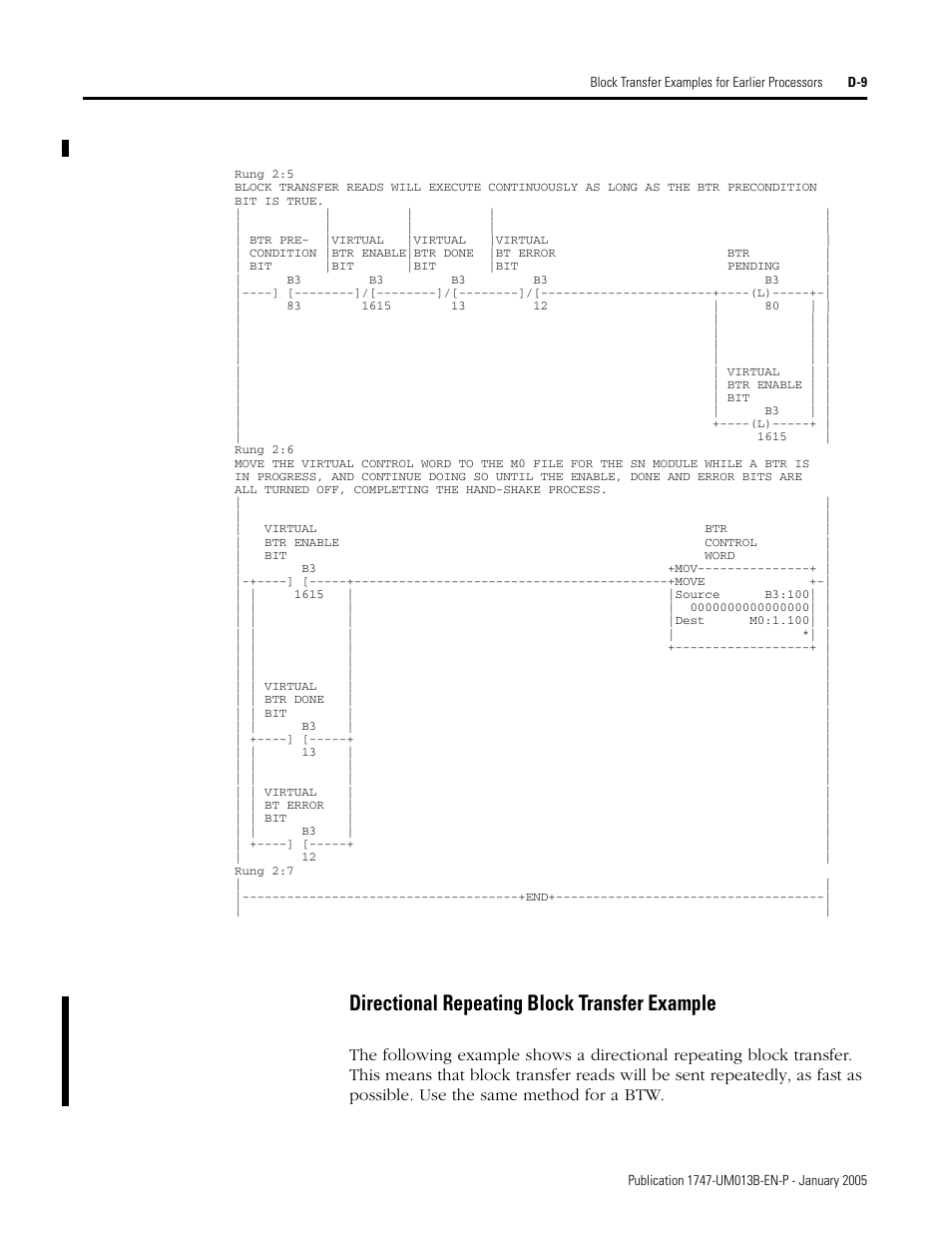 Directional repeating block transfer example | Rockwell Automation 1747-SN Remote I/O Scanner User Manual | Page 137 / 171