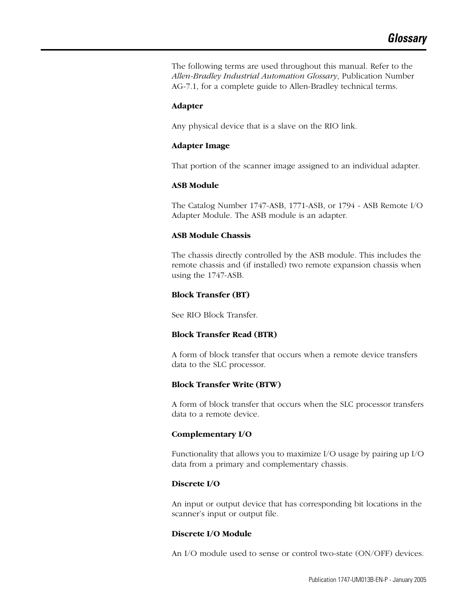 Glossary | Rockwell Automation 1747-SN Remote I/O Scanner User Manual | Page 161 / 171