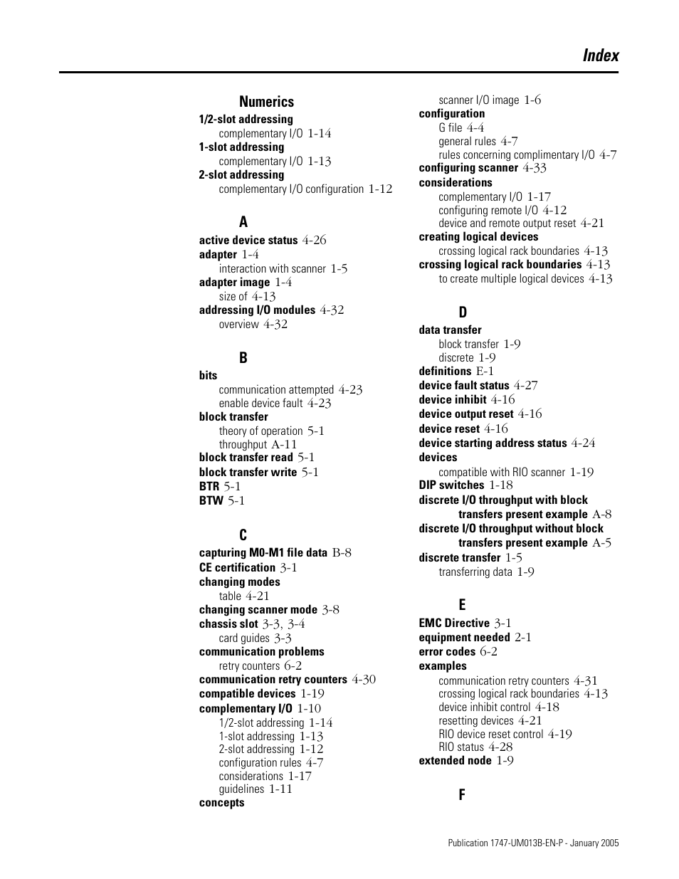 Index, Numerics | Rockwell Automation 1747-SN Remote I/O Scanner User Manual | Page 165 / 171