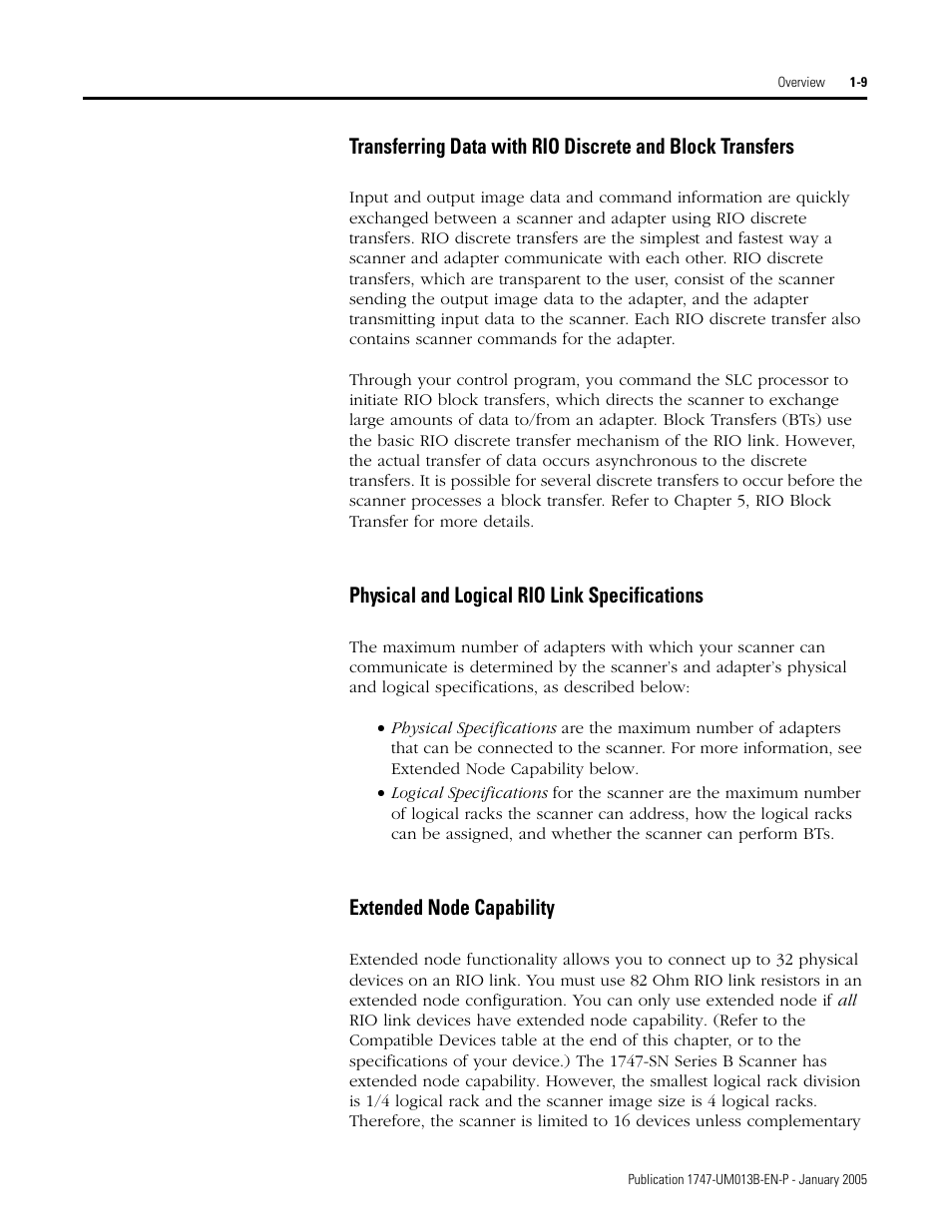 Physical and logical rio link specifications, Extended node capability | Rockwell Automation 1747-SN Remote I/O Scanner User Manual | Page 17 / 171