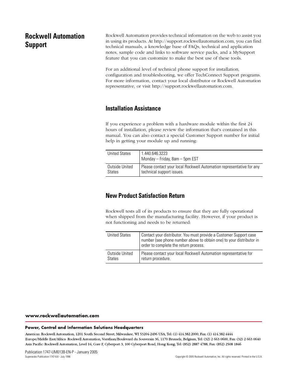 Rockwell automation support -7, Rockwell automation support, Installation assistance | New product satisfaction return | Rockwell Automation 1747-SN Remote I/O Scanner User Manual | Page 171 / 171