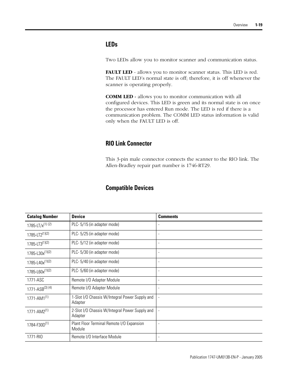 Leds, Rio link connector, Compatible devices | Rockwell Automation 1747-SN Remote I/O Scanner User Manual | Page 27 / 171