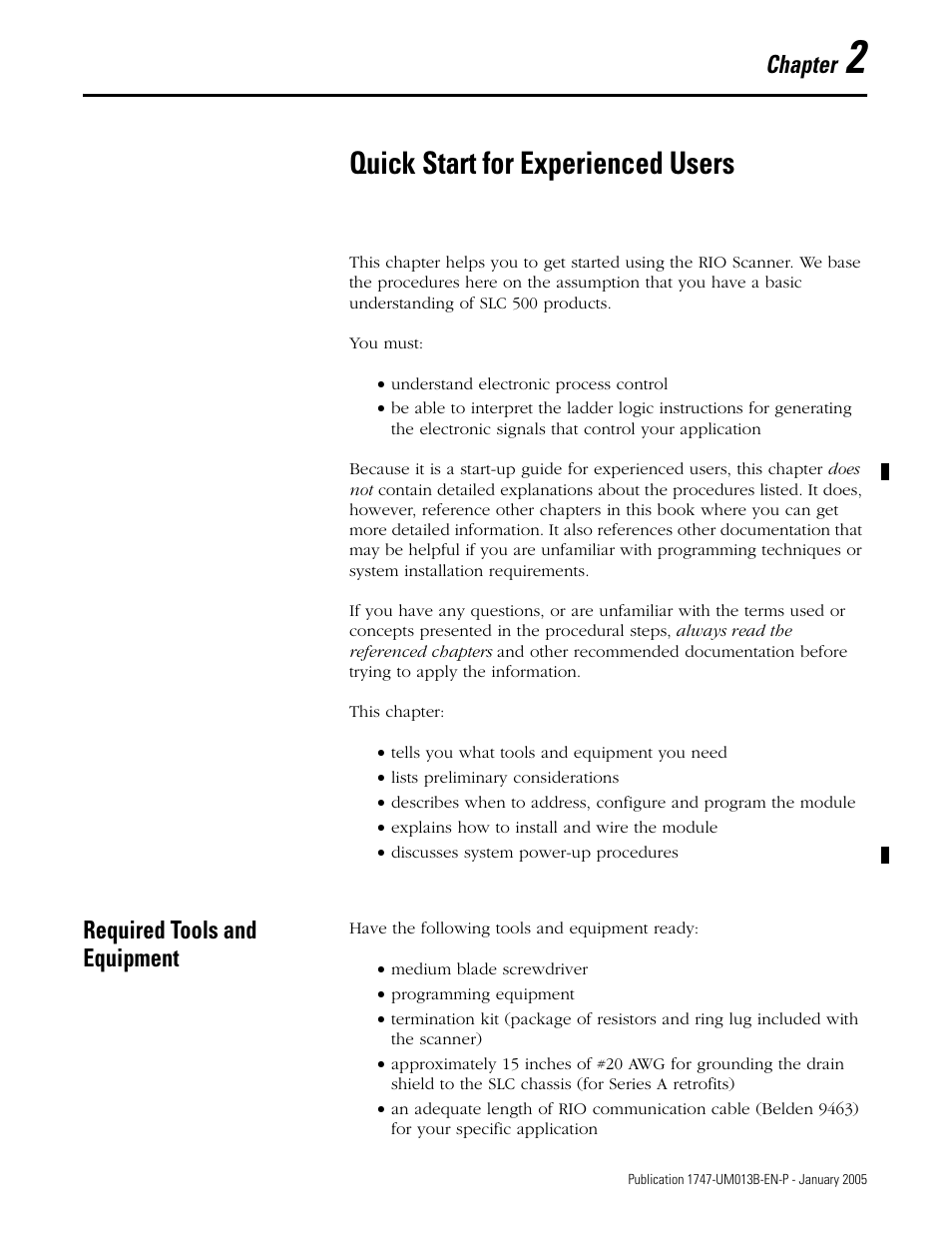 Quick start for experienced users, Required tools and equipment, Chapter 2 | Required tools and equipment -1, Chapter | Rockwell Automation 1747-SN Remote I/O Scanner User Manual | Page 29 / 171