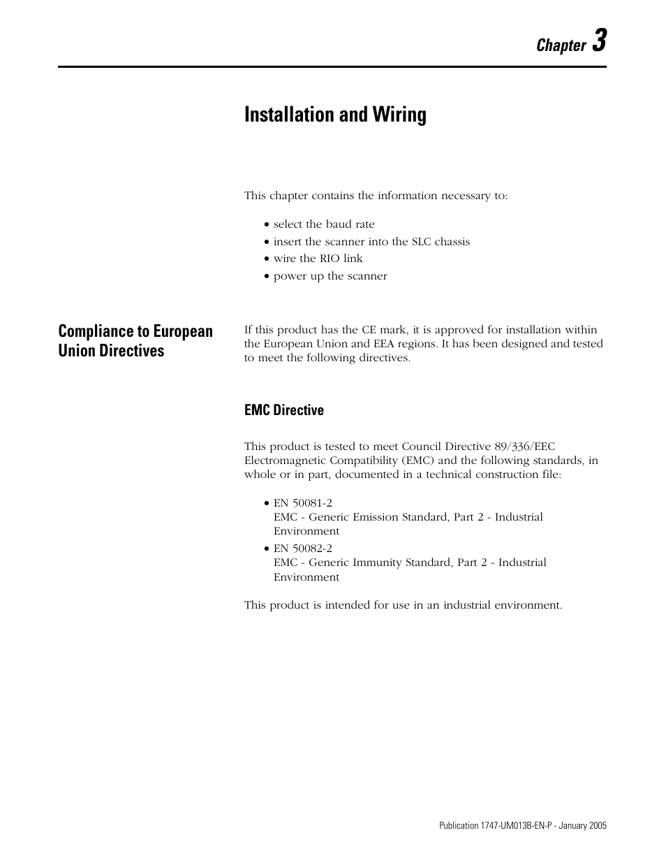 Installation and wiring, Compliance to european union directives, Chapter 3 | Compliance to european union directives -1, Emc directive -1, Chapter | Rockwell Automation 1747-SN Remote I/O Scanner User Manual | Page 35 / 171