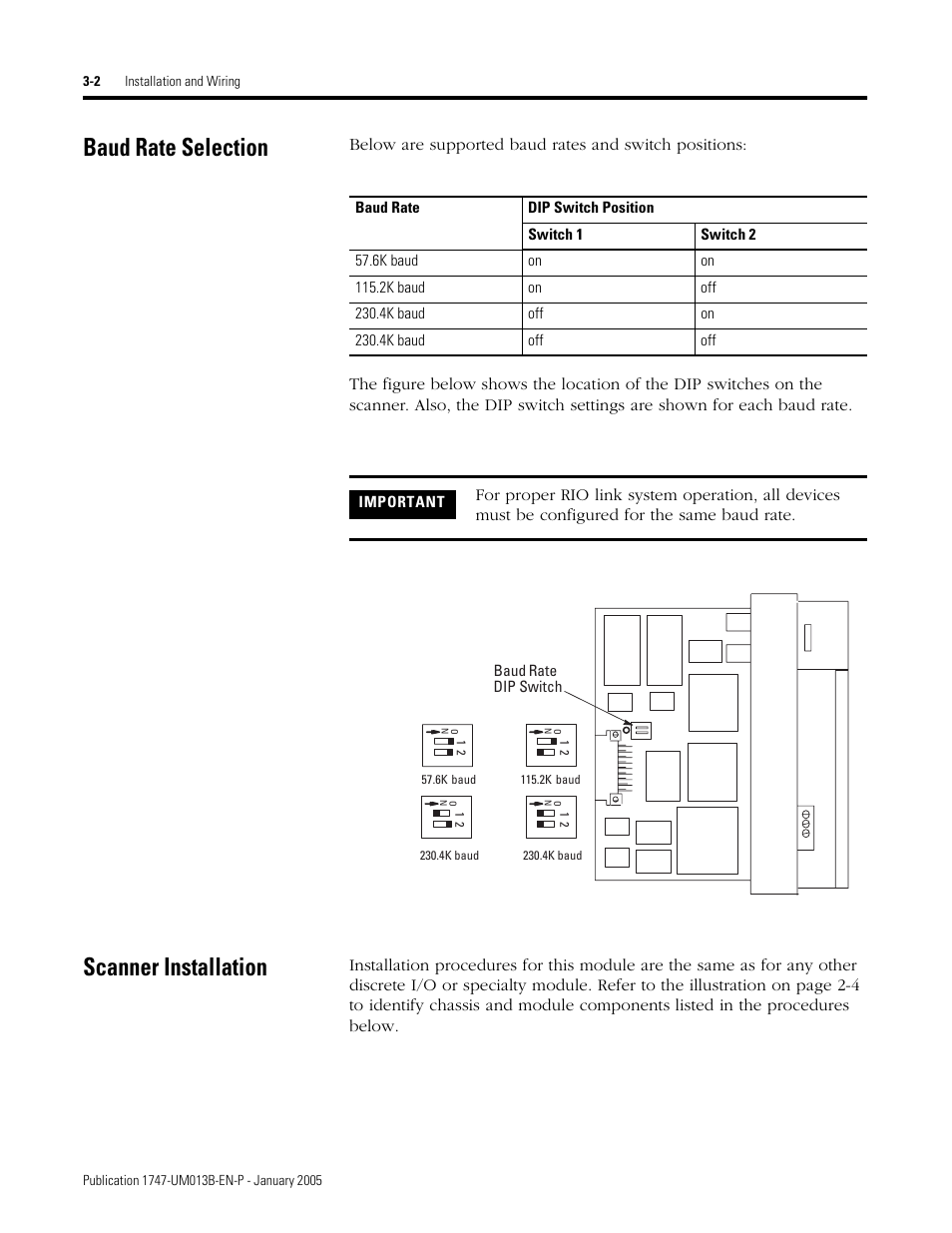 Baud rate selection, Scanner installation, Baud rate selection -2 scanner installation -2 | Rockwell Automation 1747-SN Remote I/O Scanner User Manual | Page 36 / 171