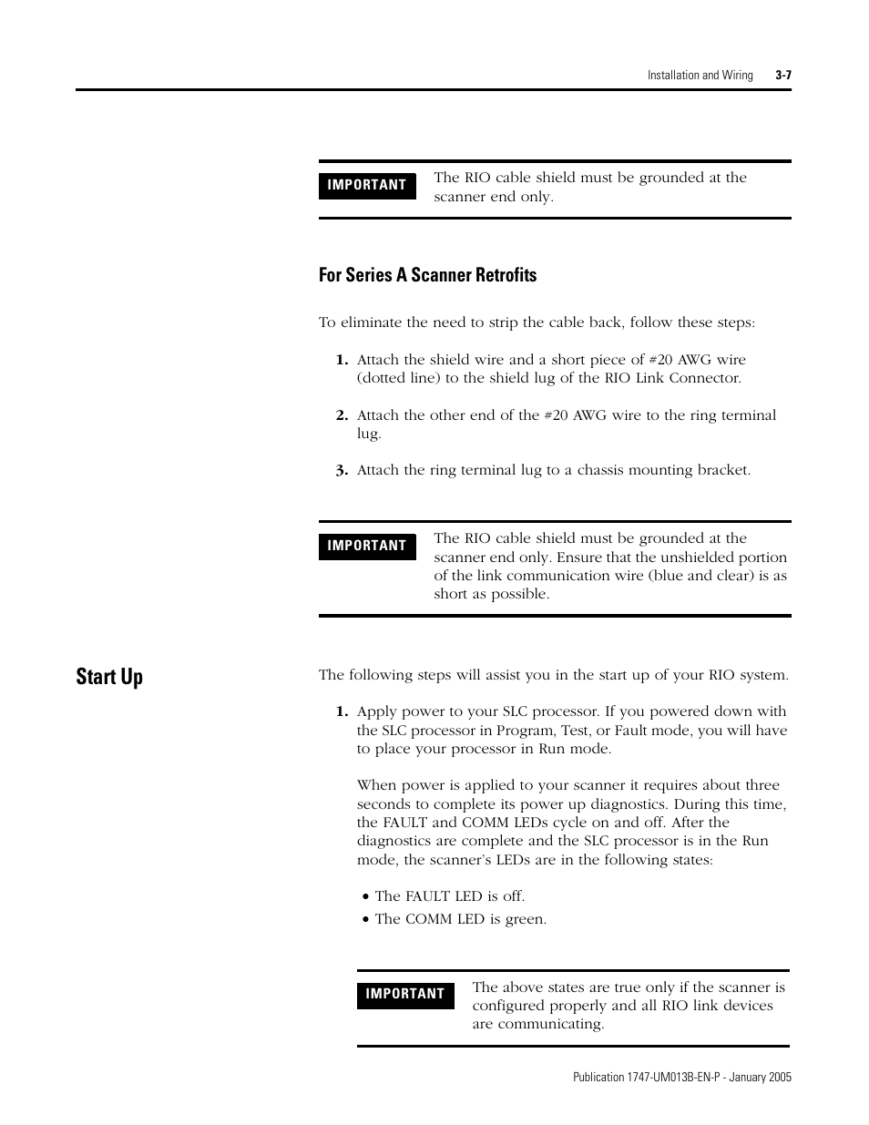 Start up, For series a scanner retrofits -7, Start up -7 | For series a scanner retrofits | Rockwell Automation 1747-SN Remote I/O Scanner User Manual | Page 41 / 171