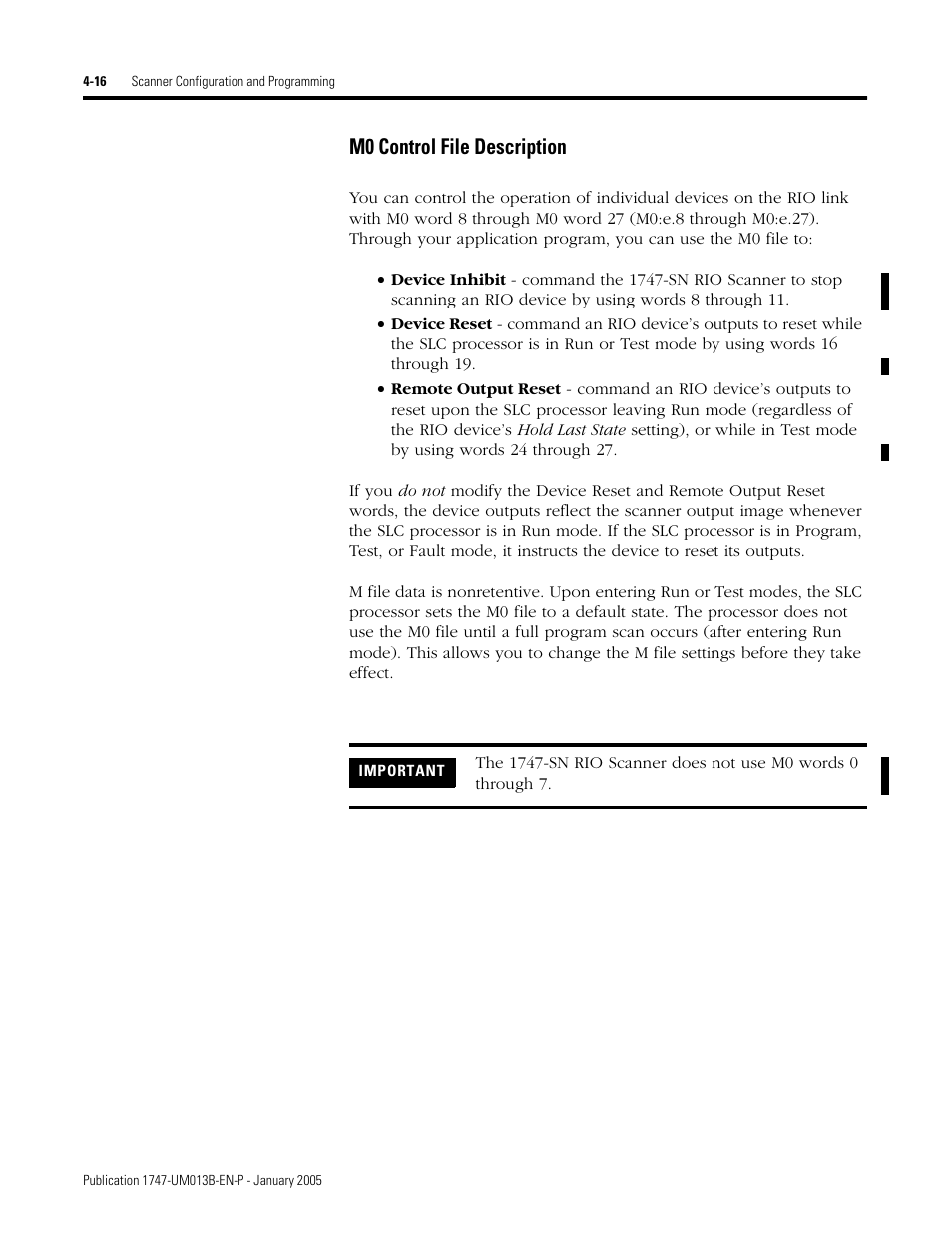 M0 control file description -16, M0 control file description | Rockwell Automation 1747-SN Remote I/O Scanner User Manual | Page 60 / 171