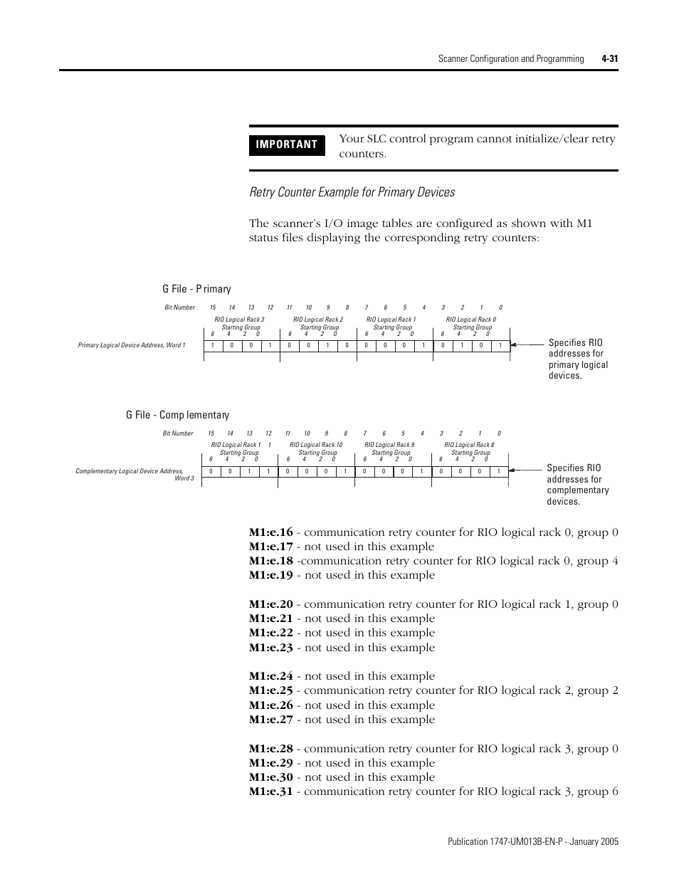 Retry counter example for primary devices, Important, G file - p rimary | G file - comp lementary, Specifies rio addresses for complementary devices | Rockwell Automation 1747-SN Remote I/O Scanner User Manual | Page 75 / 171